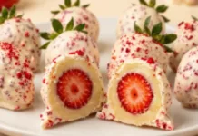 Morango cravejado: receita crocante com brigadeiro branco e caramelo vermelho